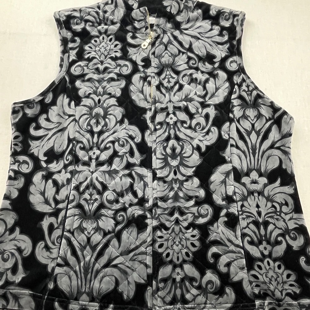 Charter Club Quilted Damask Vest Black Grey Velvet Mock Neck Full Zip Pockets